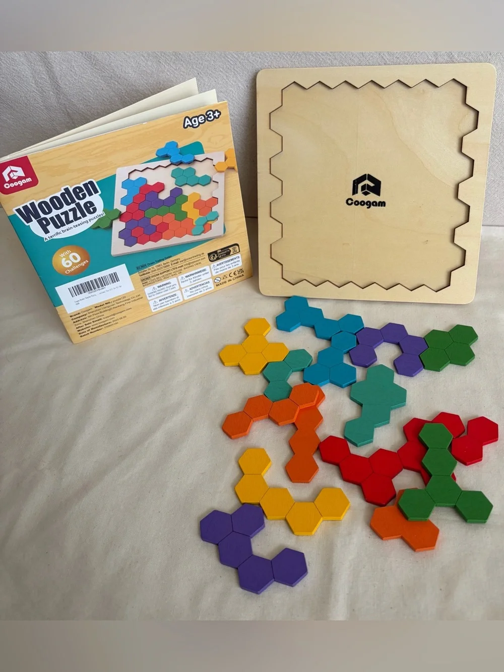 Coogam Colorful Wooden Hexagon Brain Teaser Puzzle with 60 challenges